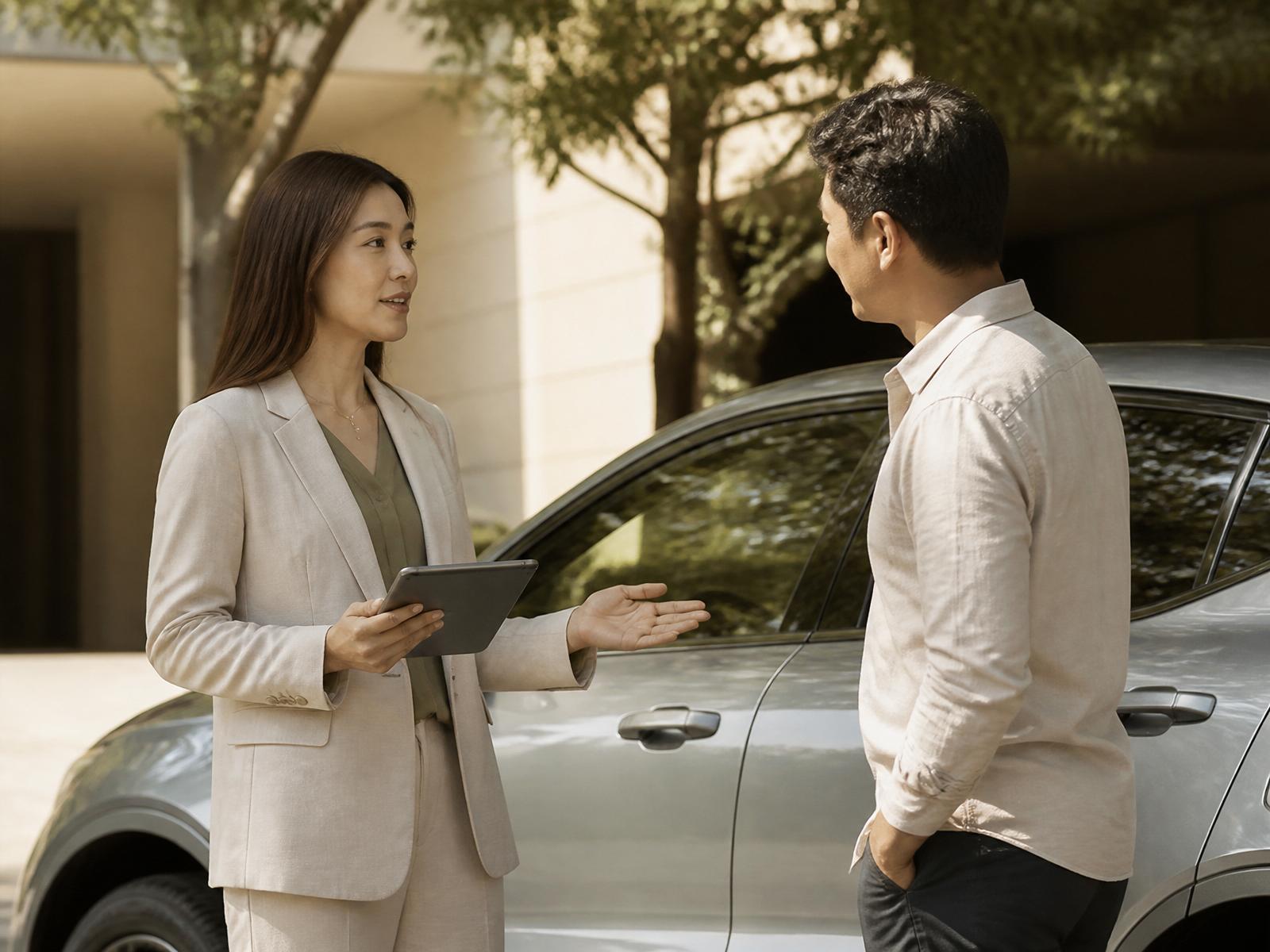 Consultora conversando com um cliente ao lado de um automóvel em ambiente iluminado por luz natural.
