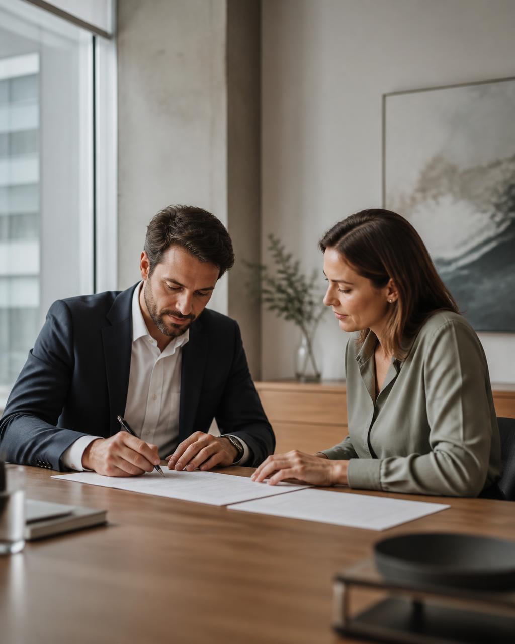 Profissionais analisando e assinando um contrato em um escritório claro e contemporâneo